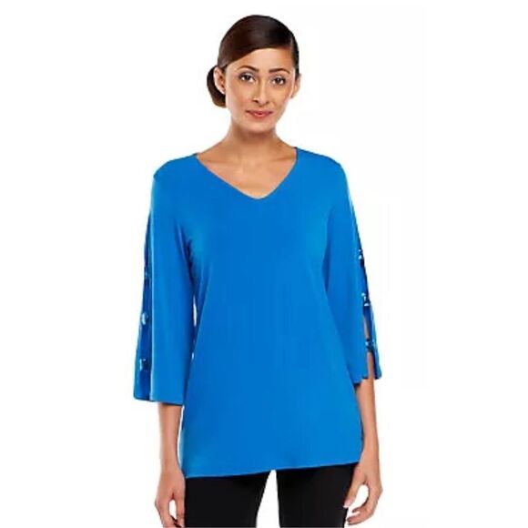 Susan Graver Women 3X Liquid Knit V-neck Top Black Banded Split 3/4 Sleeves NWT - Picture 5 of 5